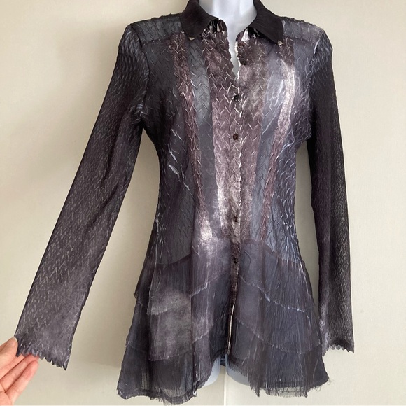 Komarov Beautiful Unique Abstract Sheer Button Down Long Sleeve Blouse, Sz M - Picture 2 of 16